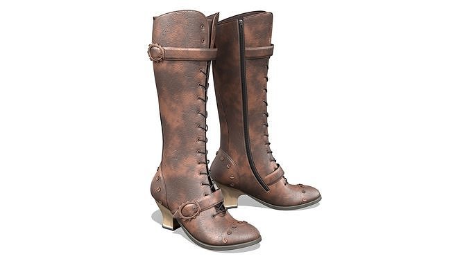 Steampunk Half Heels Vintage Western Knee Calf Boots Low-poly 3D model