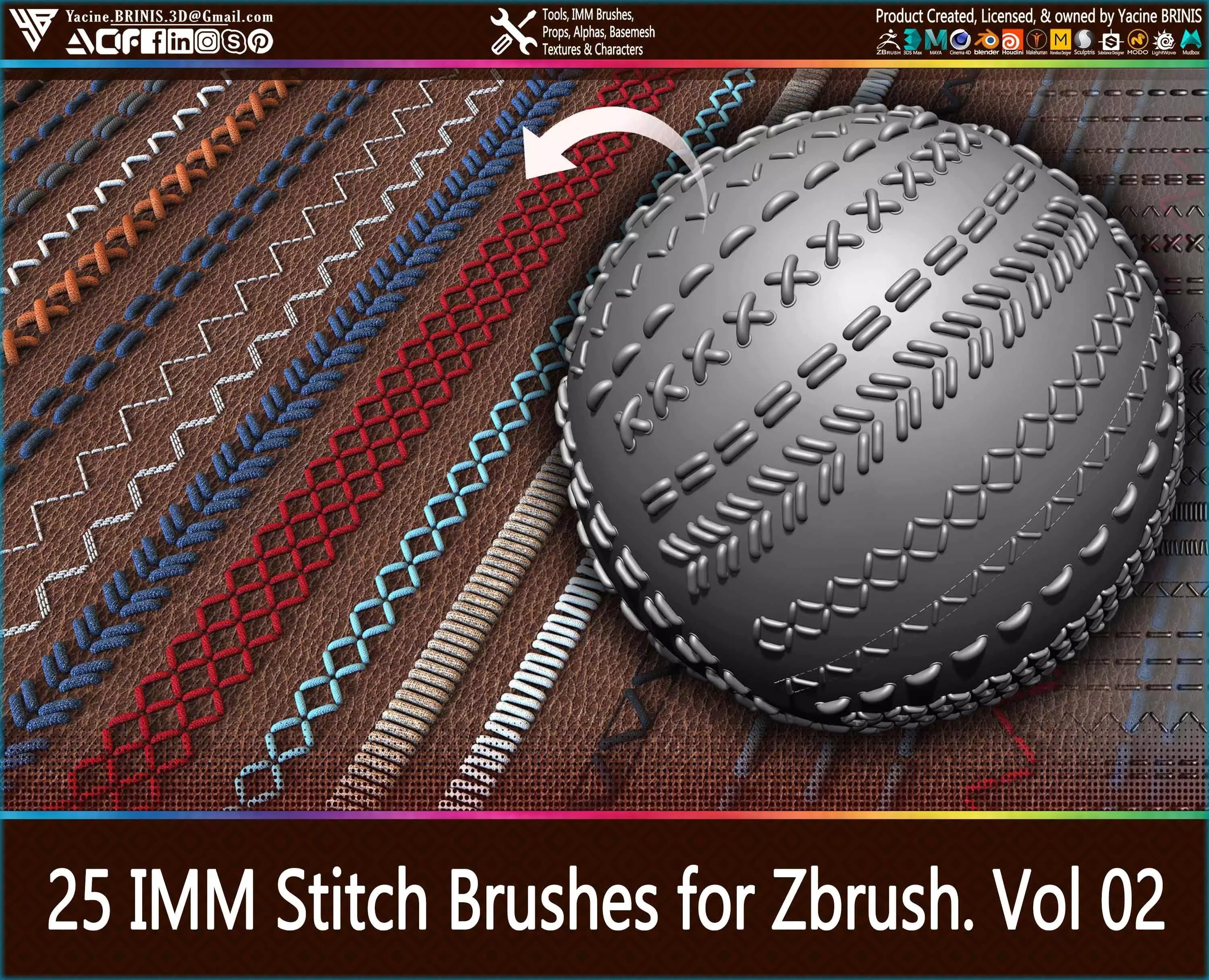 25 IMM Stitches Sewing Brush for Zbrush Vol 01 Low-poly 3D model