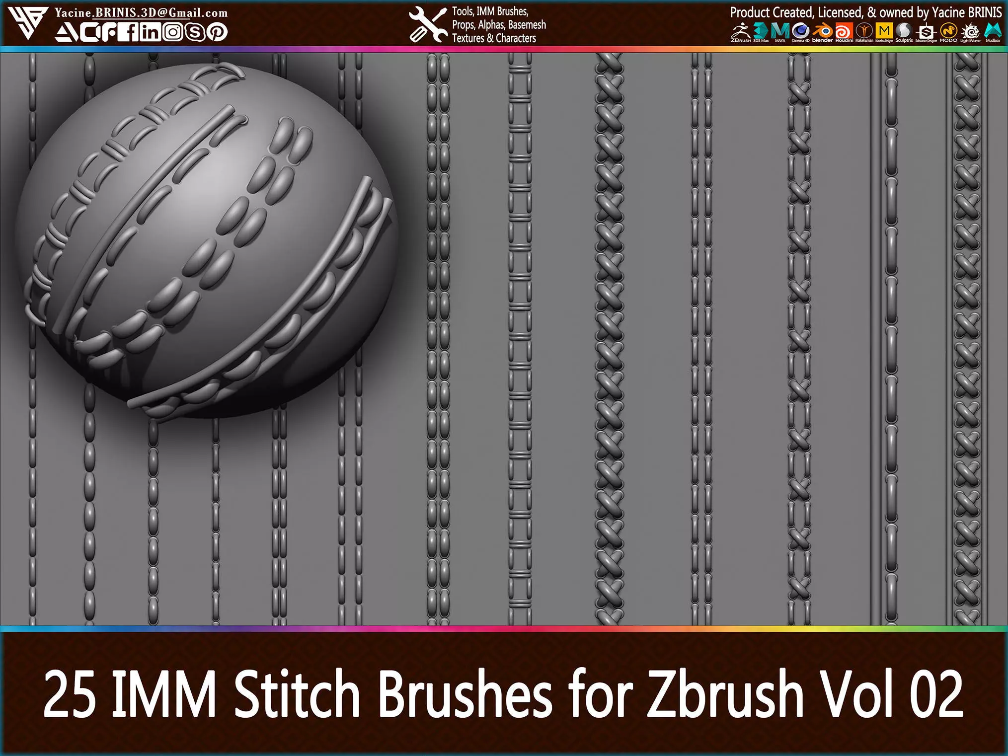 25 IMM Stitches Sewing Brush for Zbrush Vol 02 Low-poly 3D model