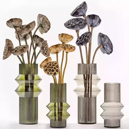 Bouquets of dried flowers from lotus stems in a glass vase