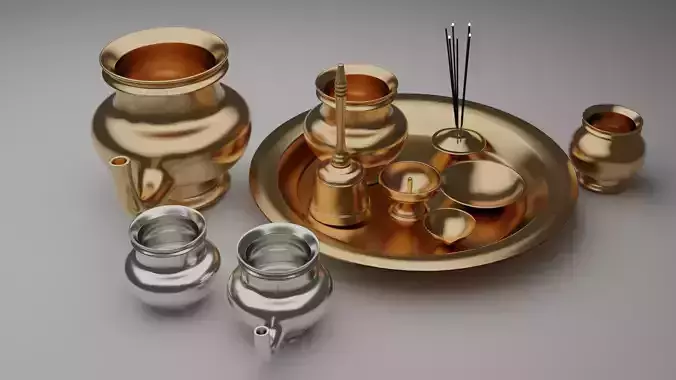 Pooja set of gold pots and pans