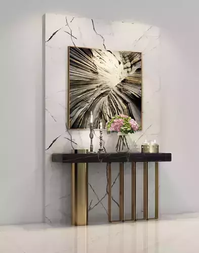 CONSOLE marble and gold table with painting on wall
