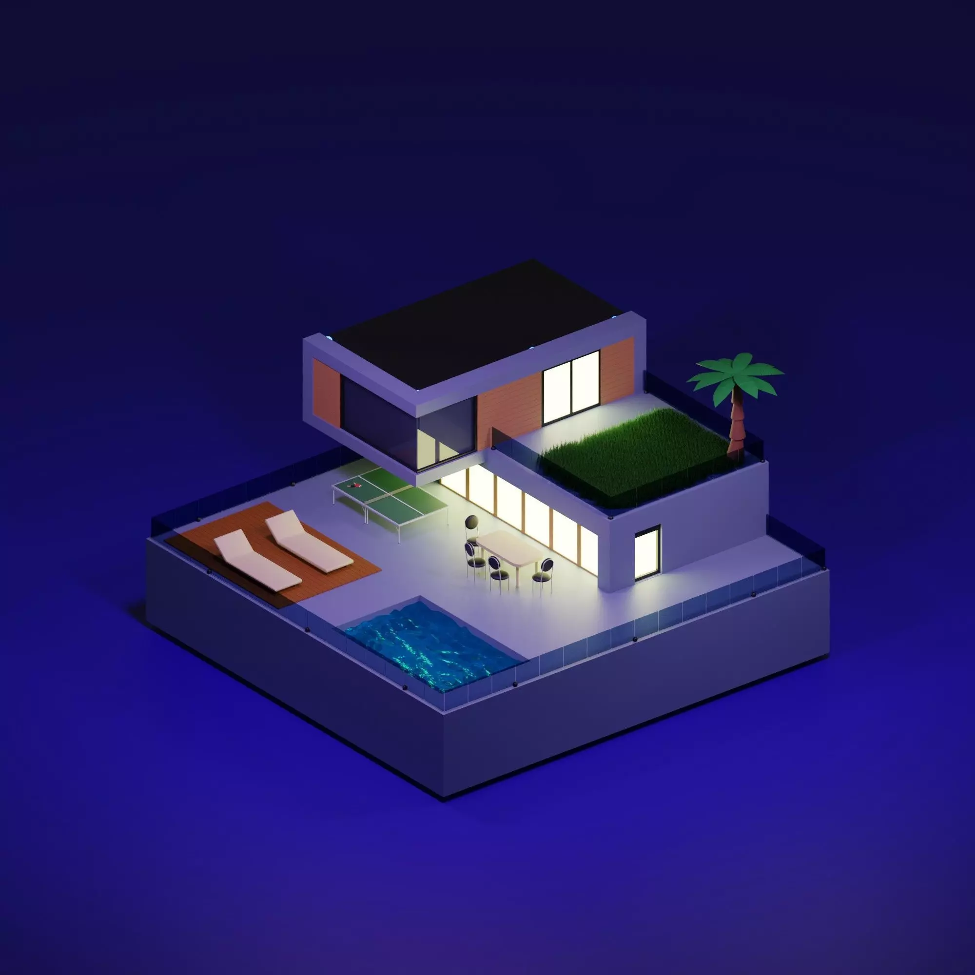 Villa modern house at night Free 3D model