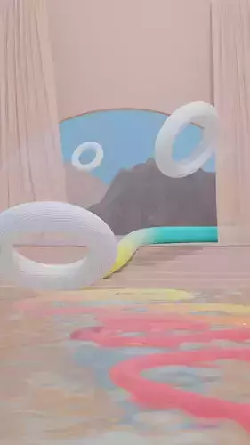 Abstract exterior stairs with look at the mountains and curtains