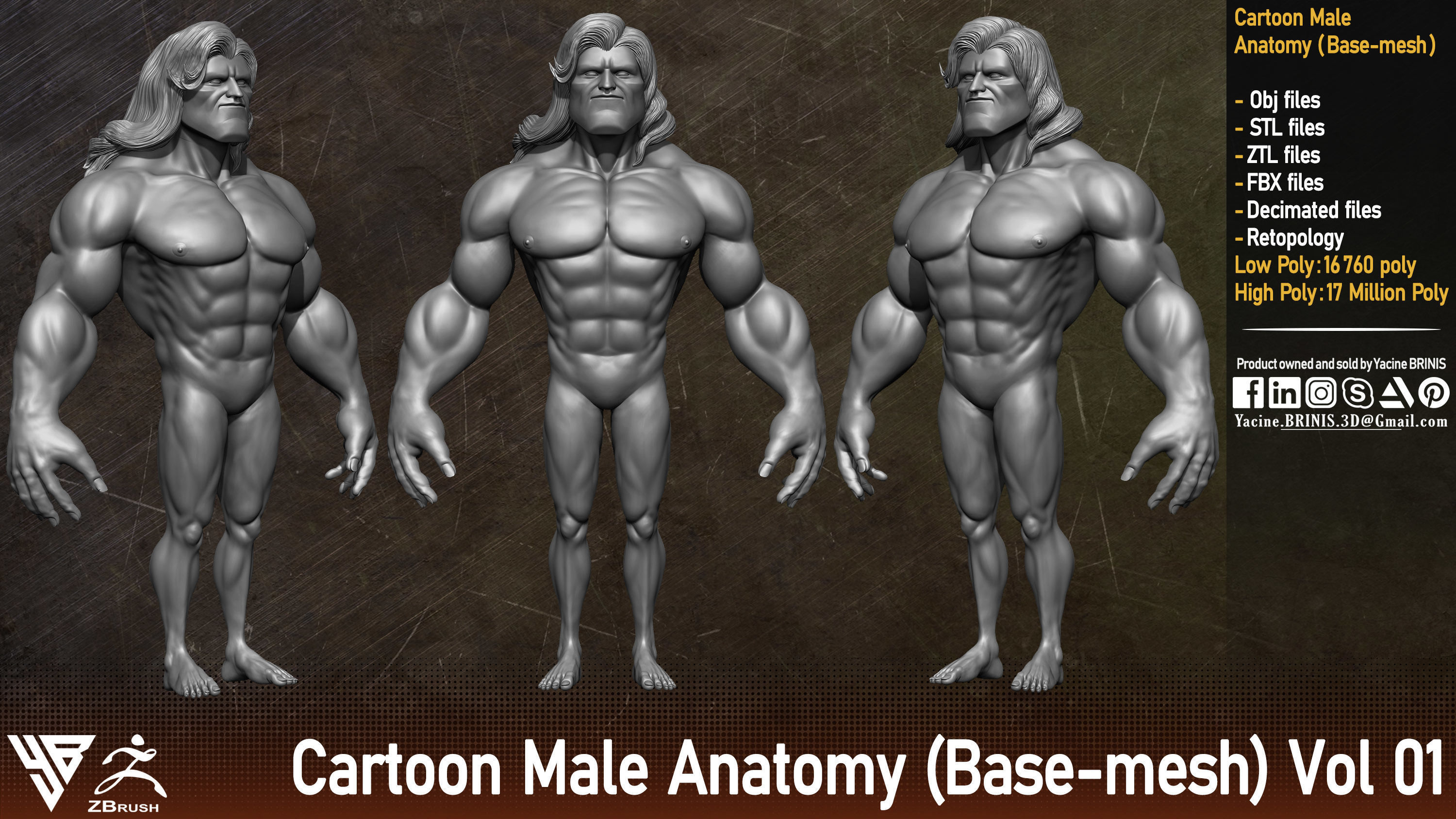 Cartoon male Anatomy Base-mesh Vol 01 Low-poly 3D model_1