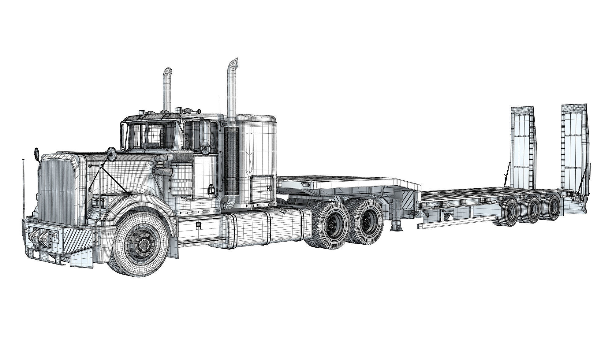 Truck with Platform Trailer 3D model_17