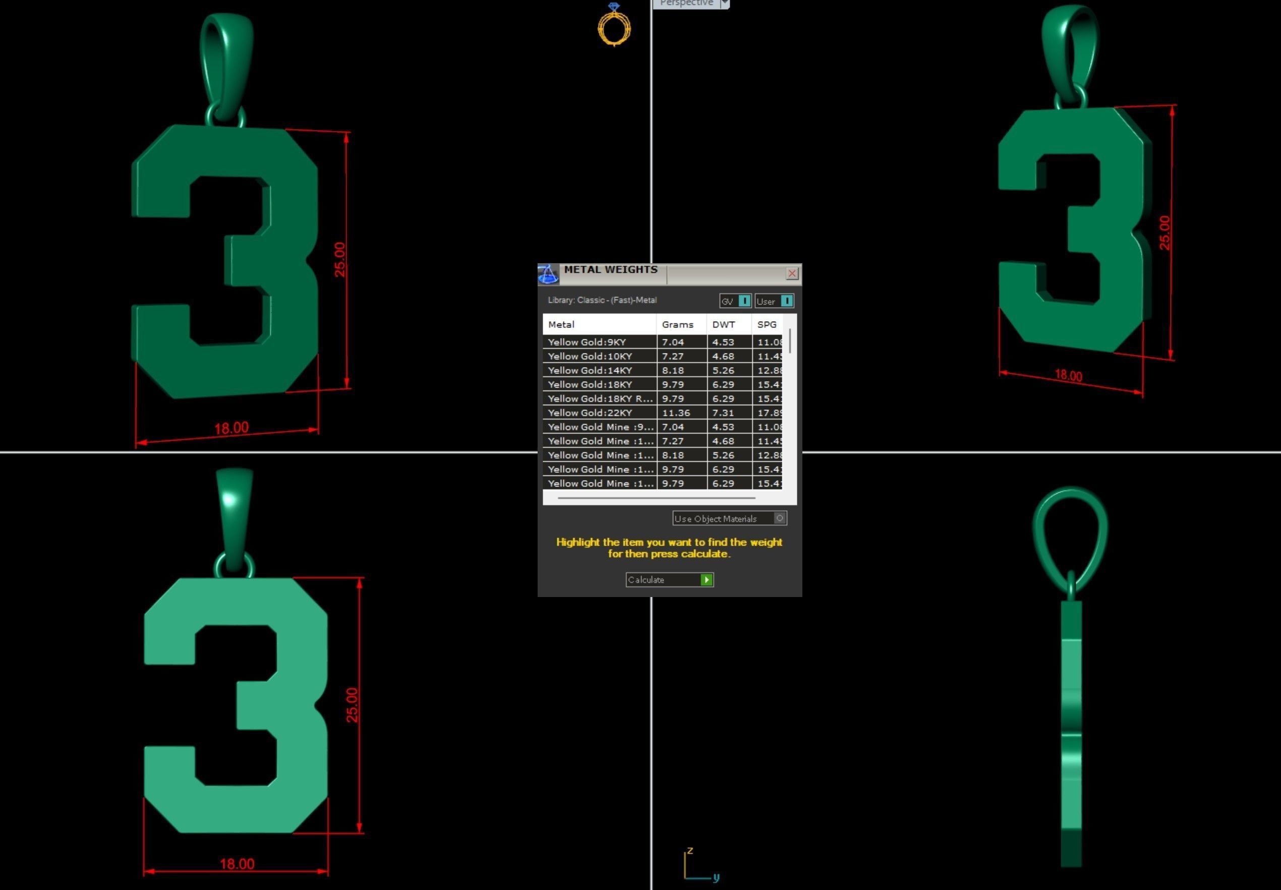 Number 3 Font Plain Gold Pendant  3D print model_3
