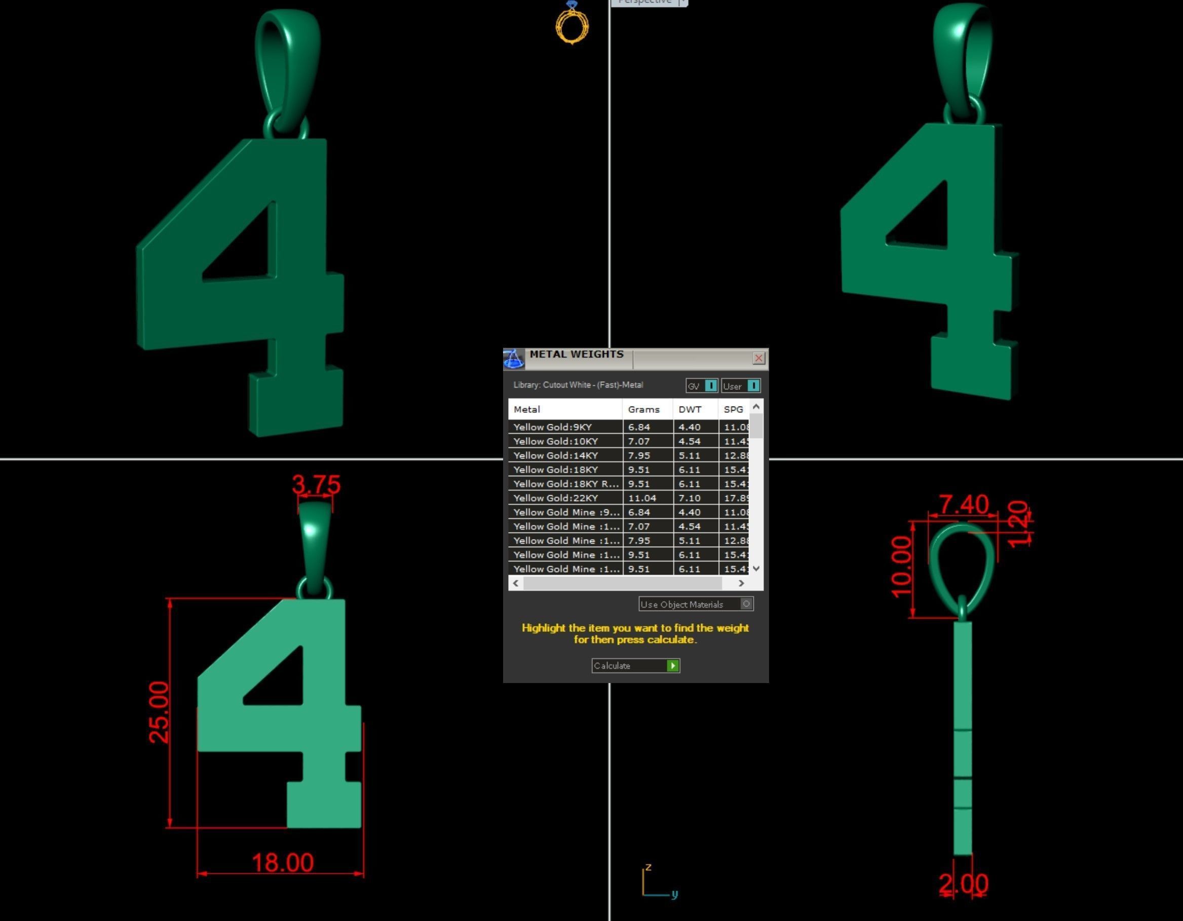 Number 4 Font Plain Gold Pendant 3D print model_3