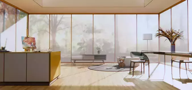 kitchen modern office with wooden floors and windows