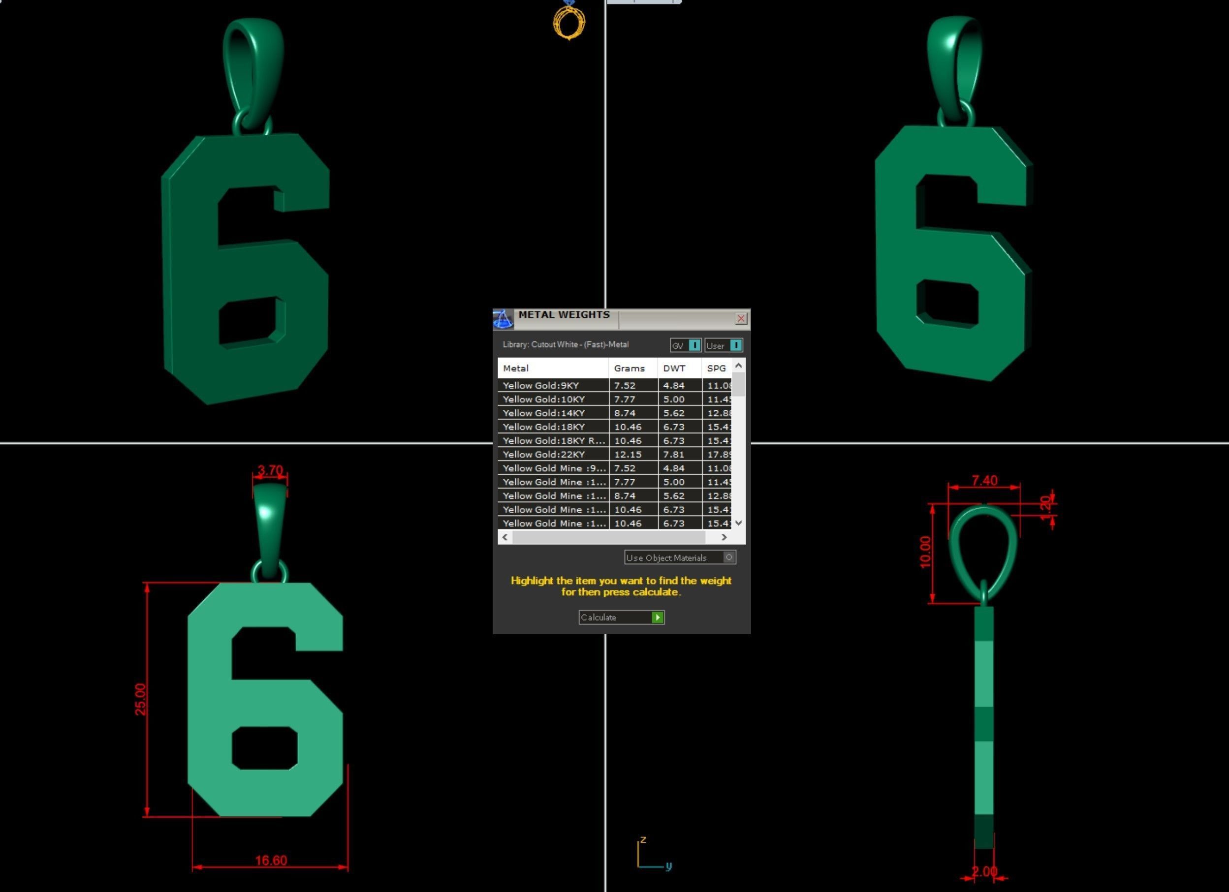 Number 6 Font Plain Gold Pendant  3D print model_5