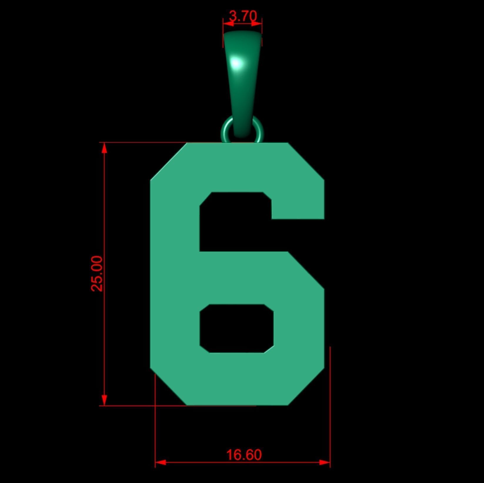 Number 6 Font Plain Gold Pendant  3D print model_3