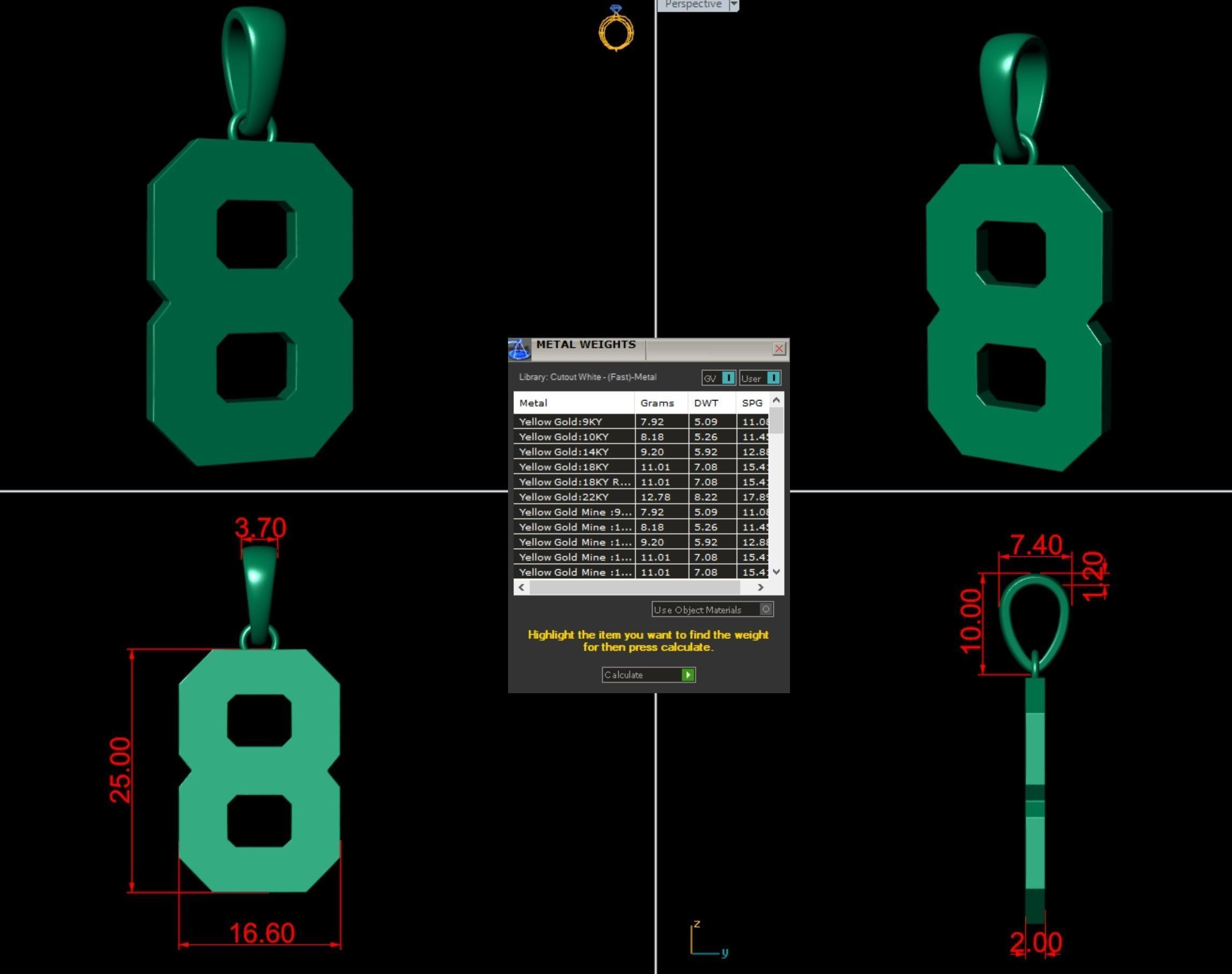 Number 8 Font Plain Gold Pendant  3D print model_3