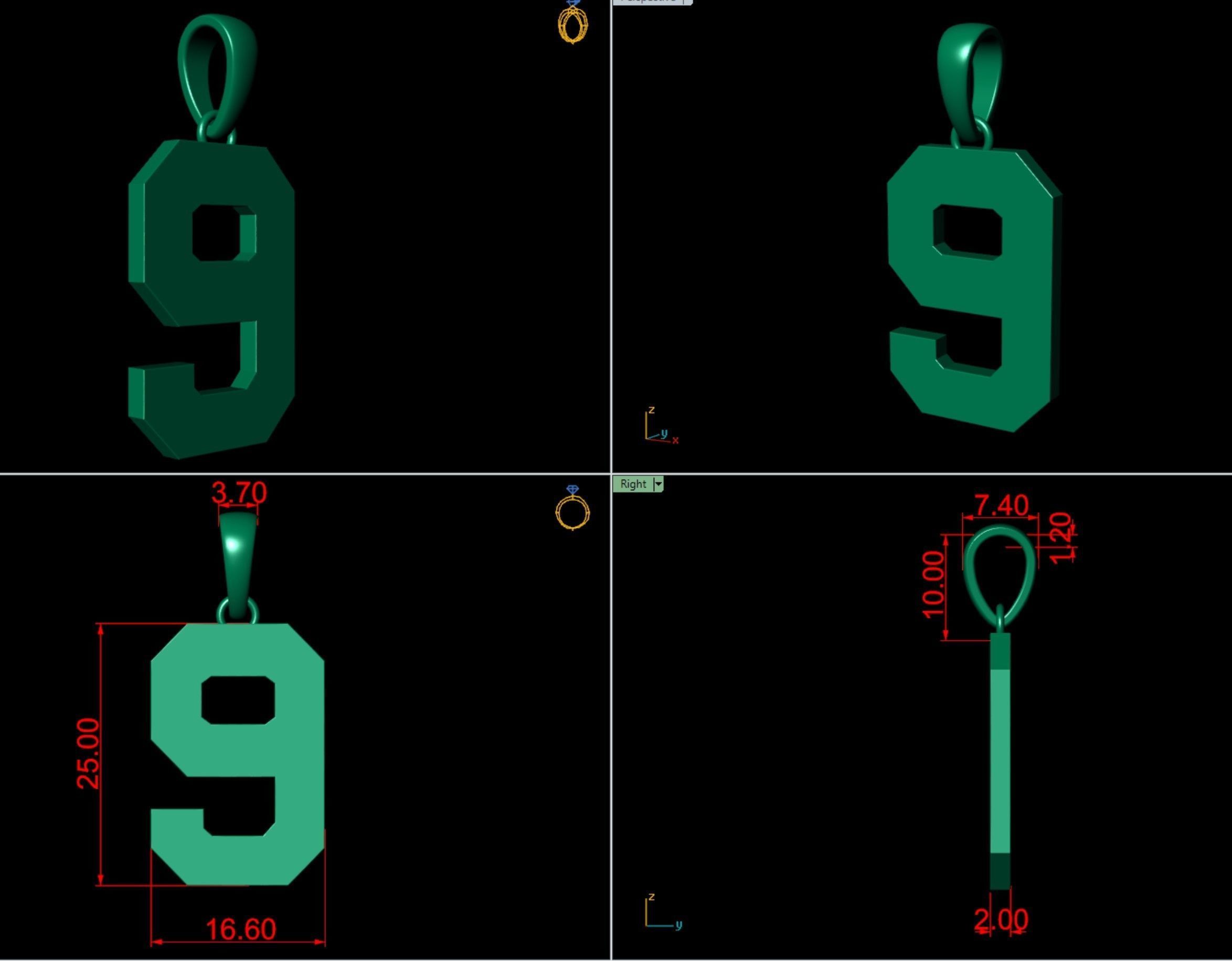Number 9 Font Plain Gold Pendant  3D print model_3