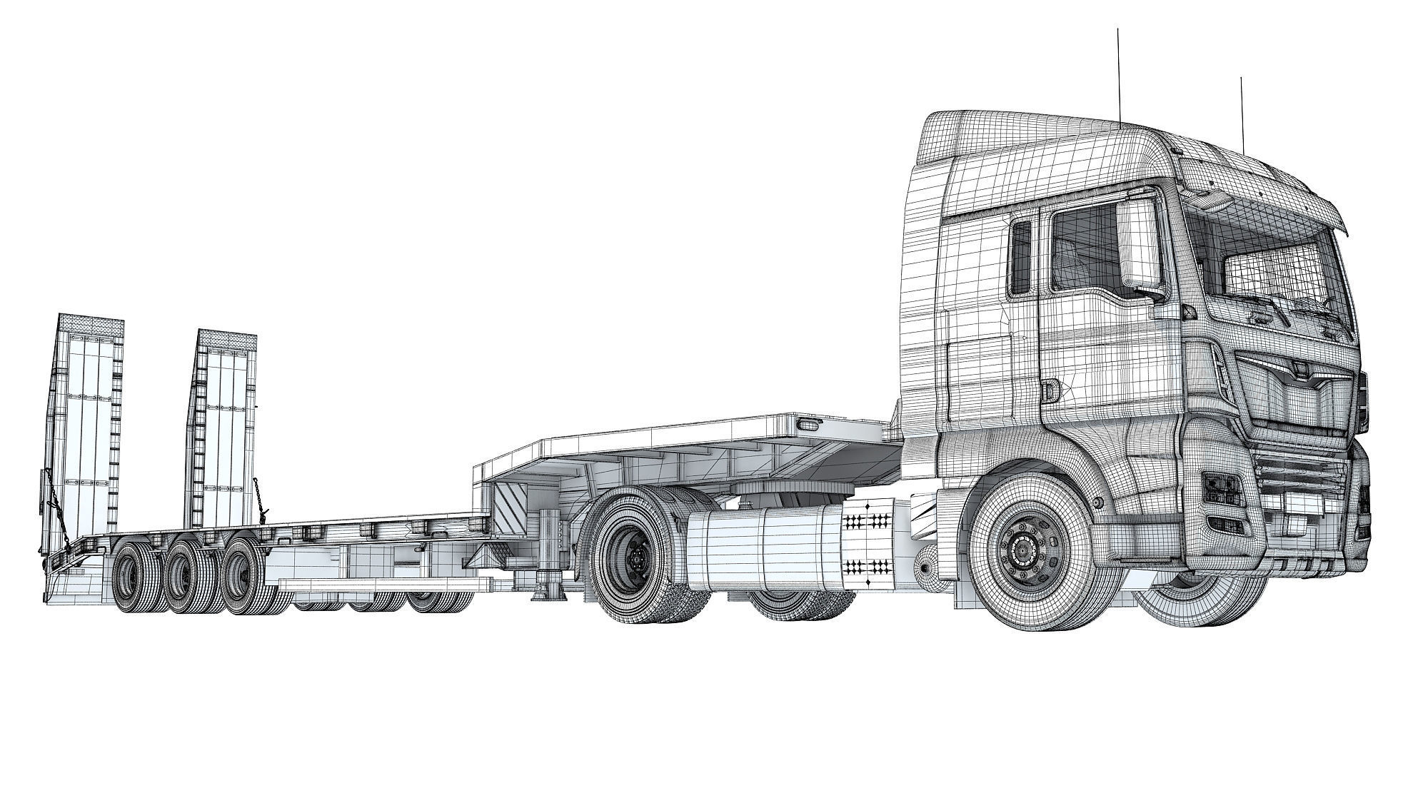 Heavy Truck with Semi Low Loader Trailer 3D model_20