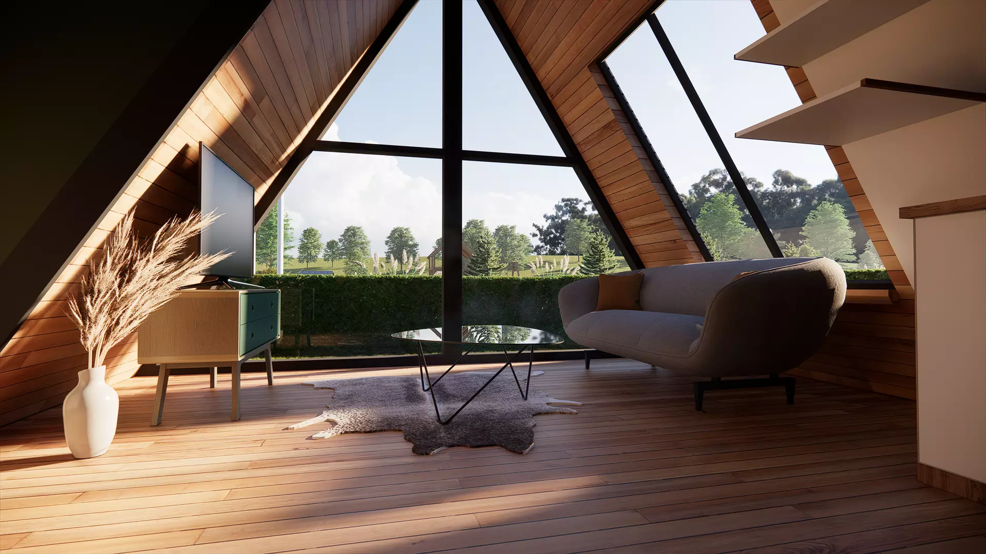 Bungalow living room in tiny house 3D model