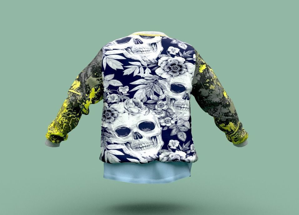 Pullover sweatshirt with skull and flowers Low-poly 3D model_4
