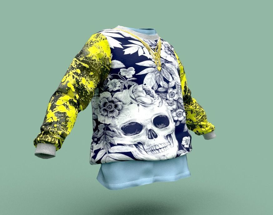 Pullover sweatshirt with skull and flowers Low-poly 3D model_2