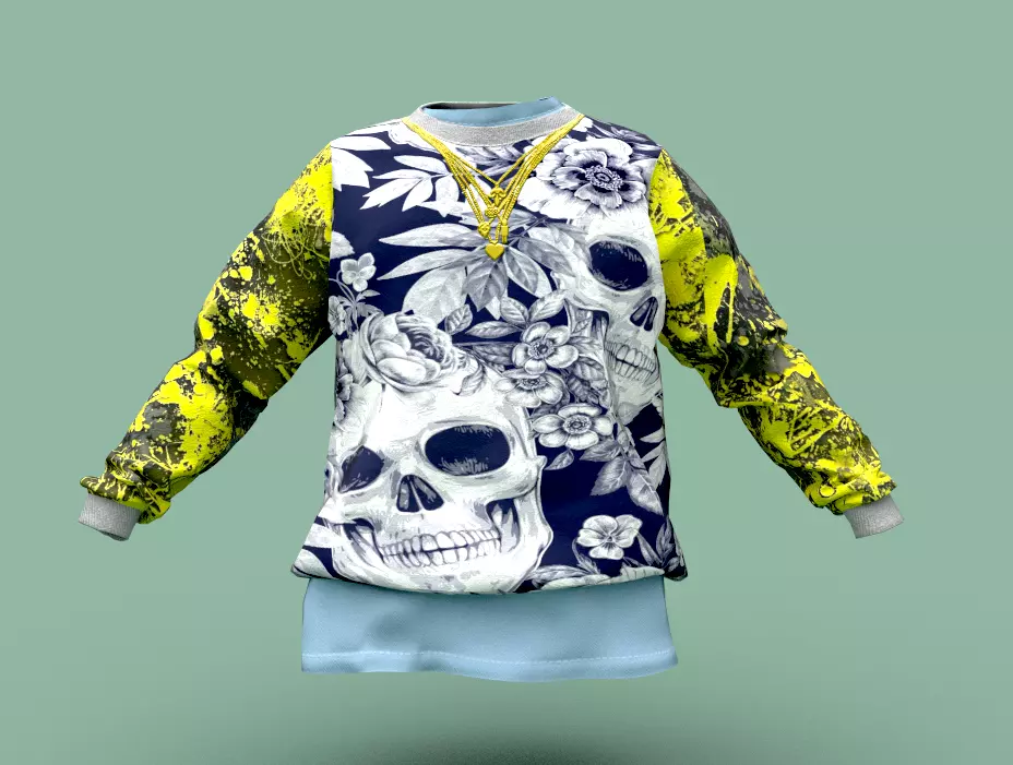 Pullover sweatshirt with skull and flowers Low-poly 3D model_0