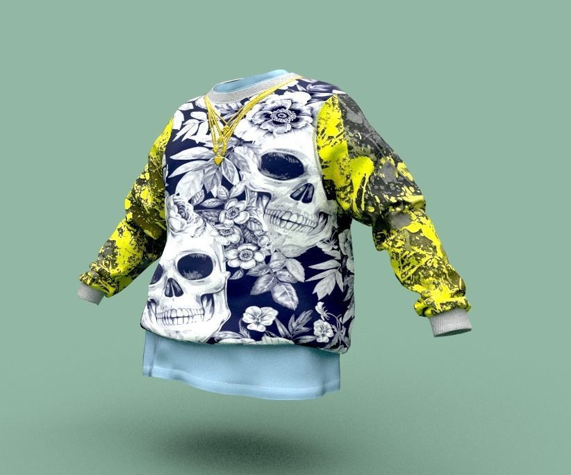 Pullover sweatshirt with skull and flowers Low-poly 3D model_3