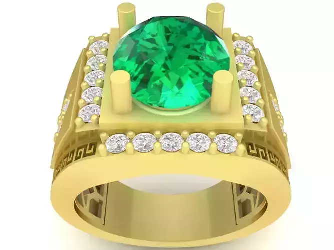 Bold Emerald Square Face Mens Ring with Side Diamonds  3396