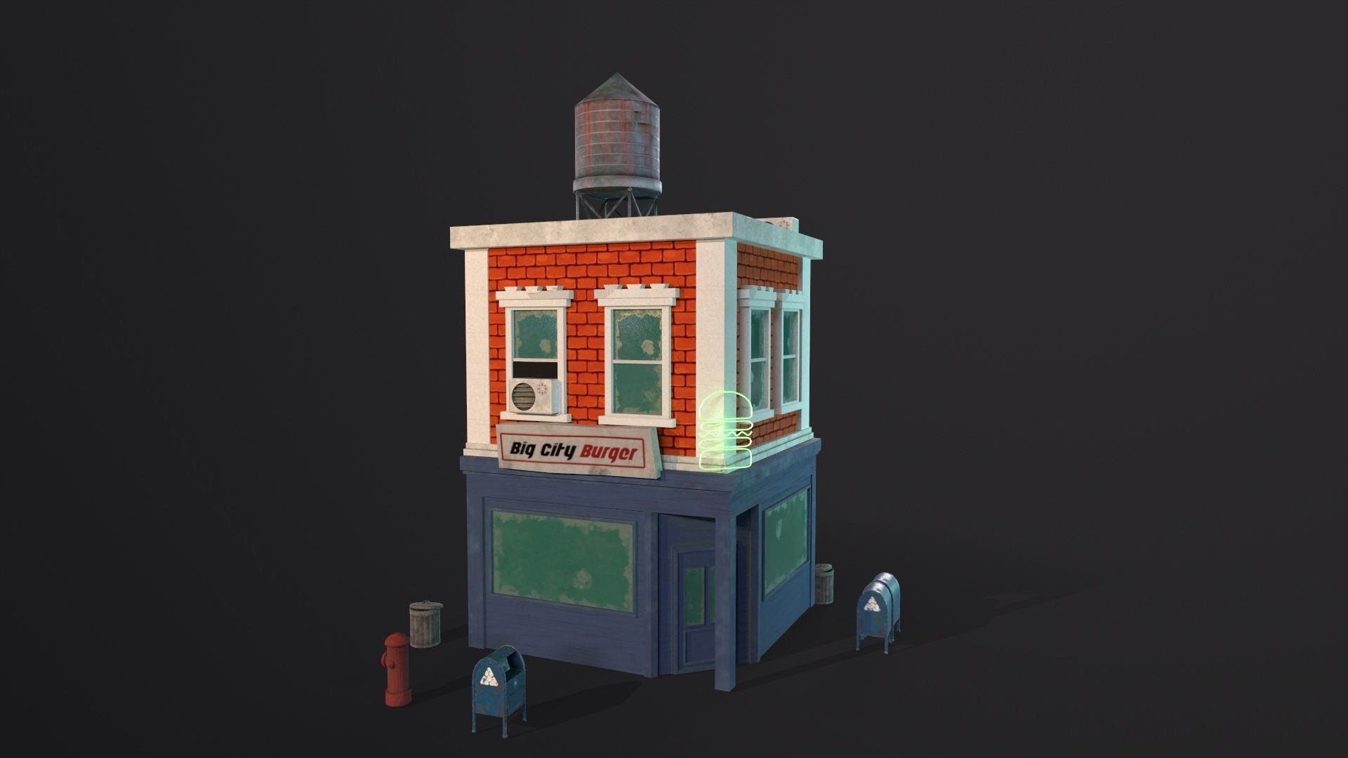 Stylized city burger cafe restaurant house game ready PBR Low-poly 3D model_5