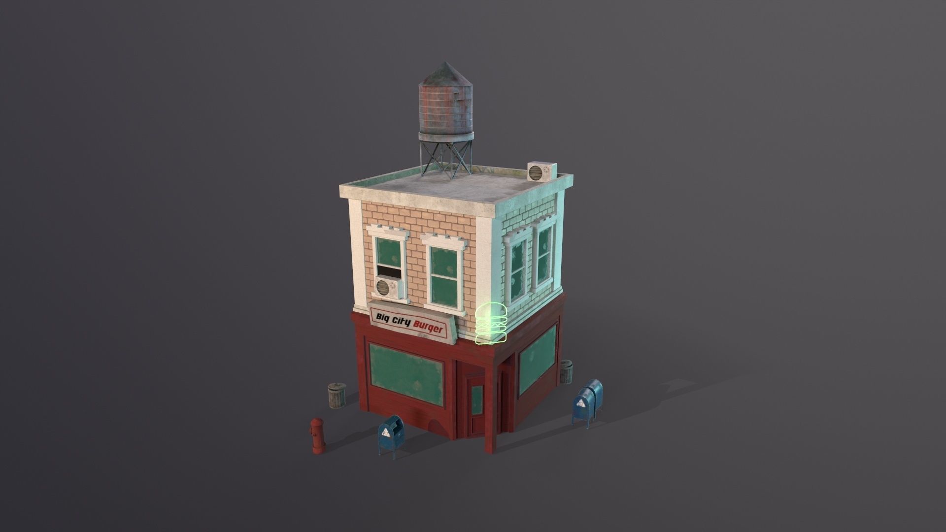 Stylized city burger cafe restaurant house game ready PBR Low-poly 3D model_3