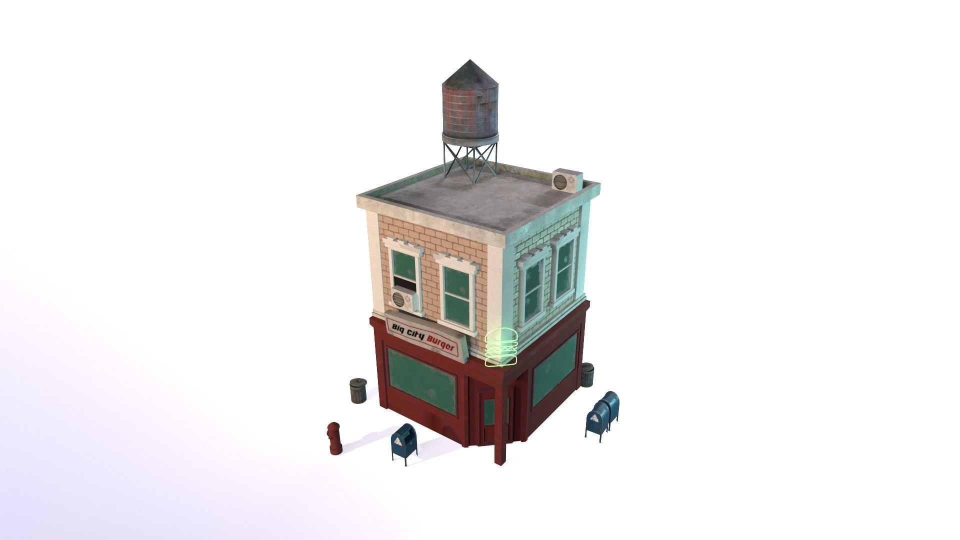 Stylized city burger cafe restaurant house game ready PBR Low-poly 3D model_6
