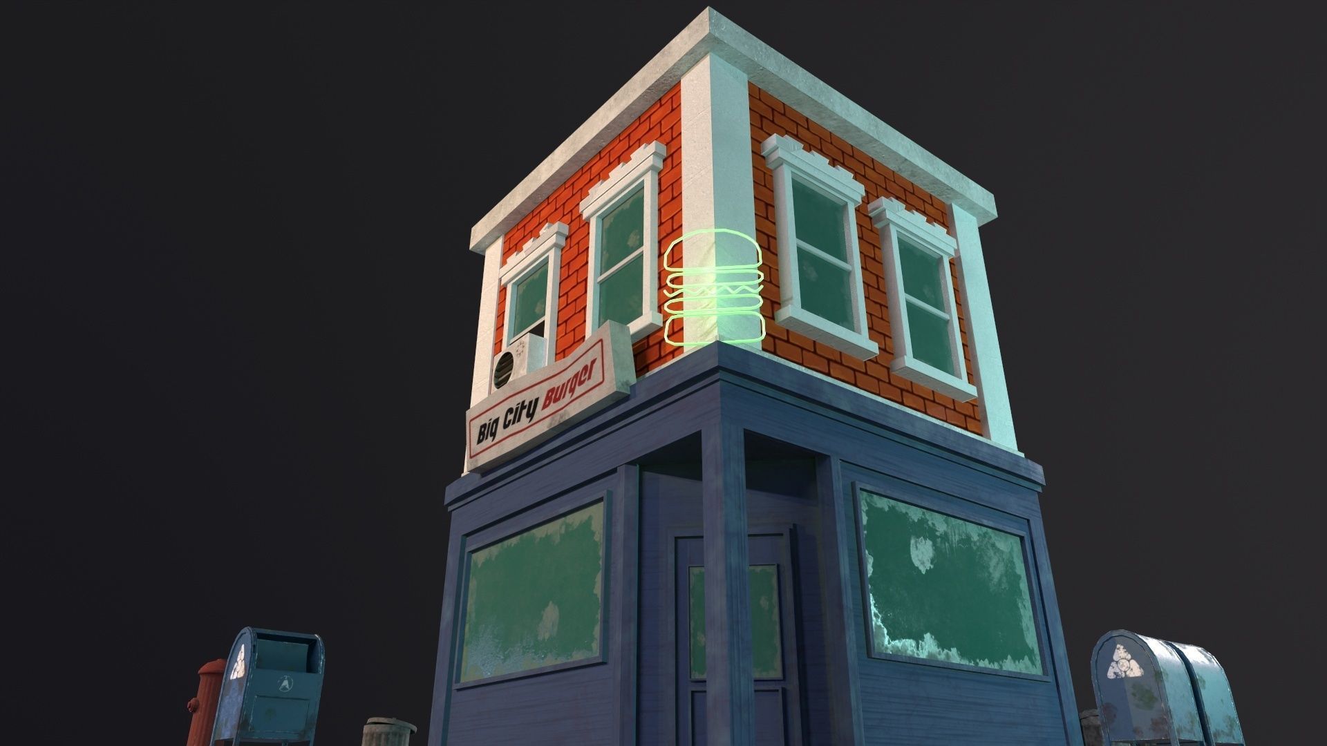 Stylized city burger cafe restaurant house game ready PBR Low-poly 3D model_23