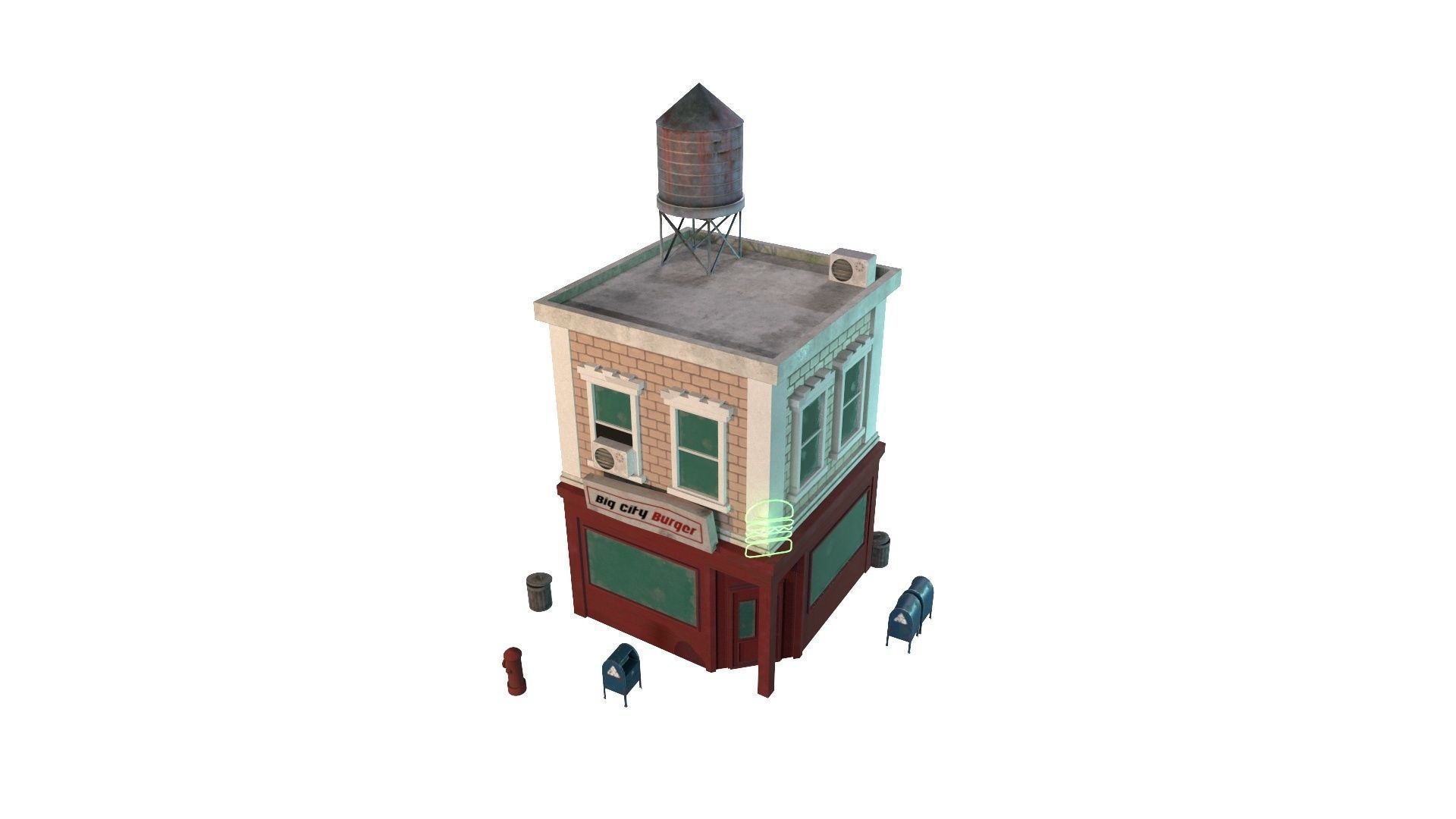 Stylized city burger cafe restaurant house game ready PBR Low-poly 3D model_15