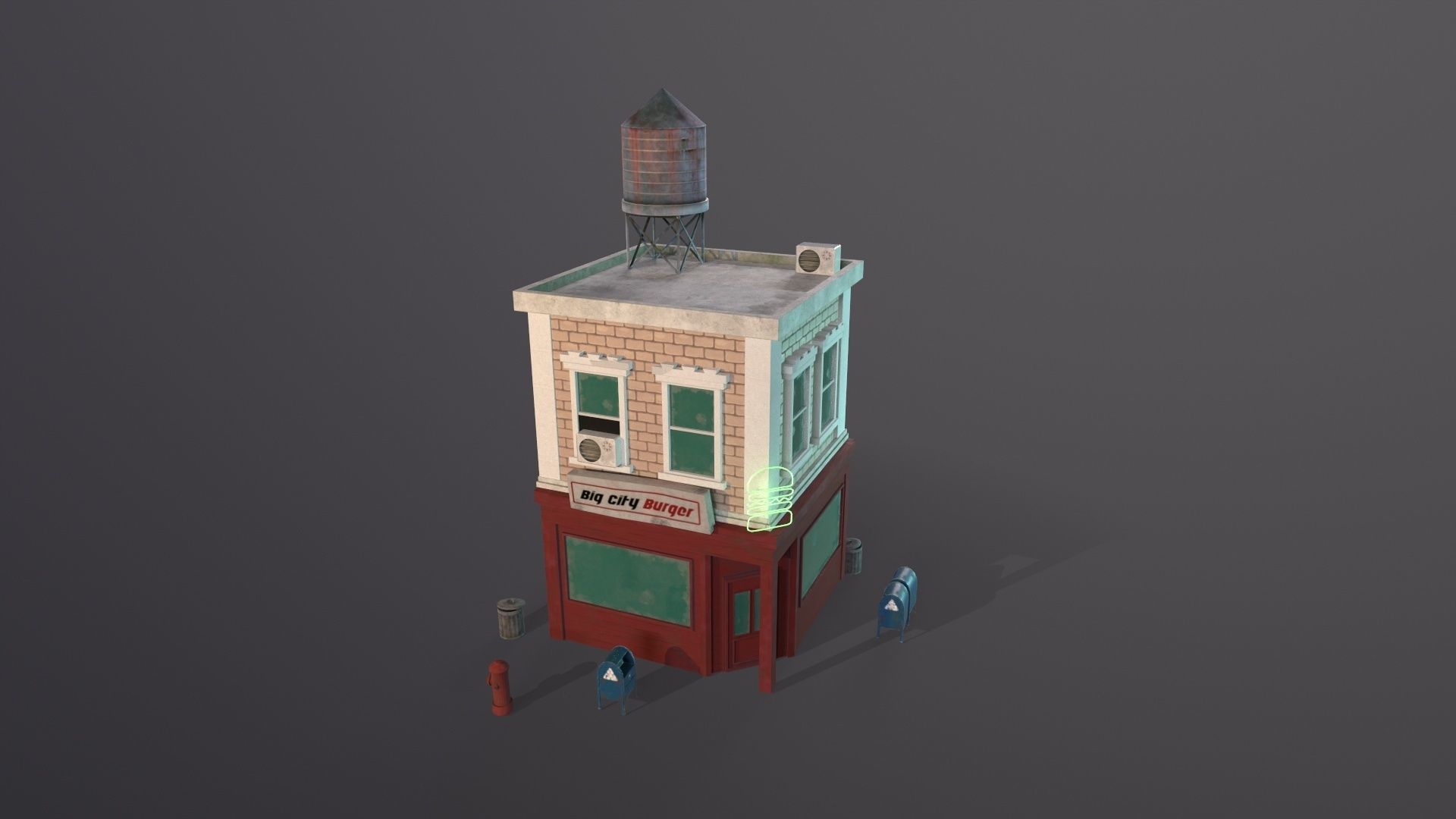 Stylized city burger cafe restaurant house game ready PBR Low-poly 3D model_18
