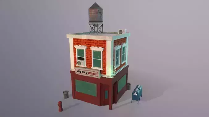 Stylized city burger cafe restaurant house game ready PBR