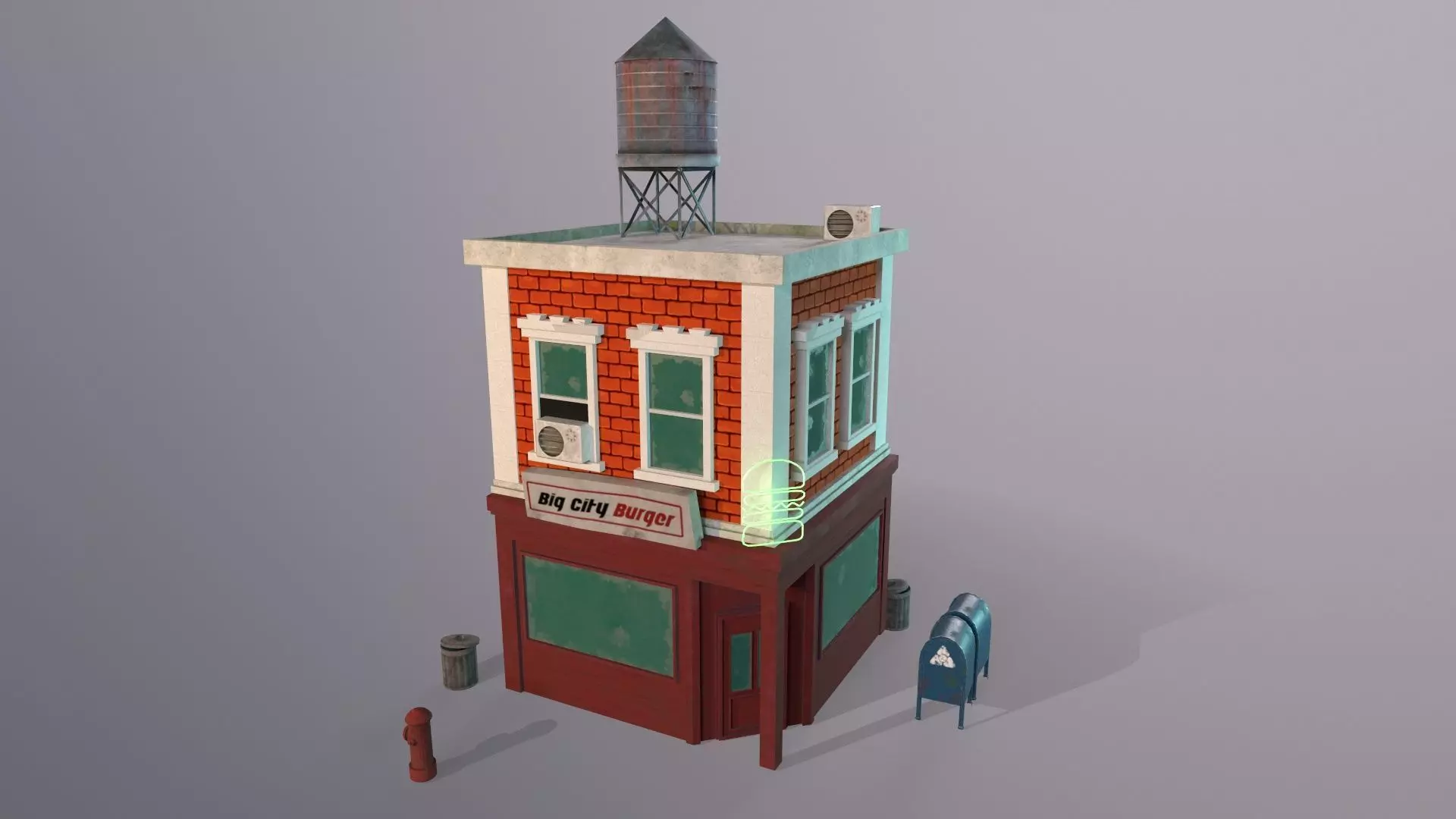 Stylized city burger cafe restaurant house game ready PBR Low-poly 3D model_0