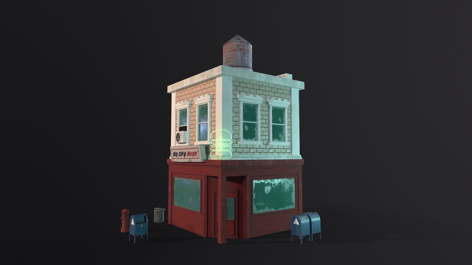 Stylized city burger cafe restaurant house game ready PBR Low-poly 3D model_13