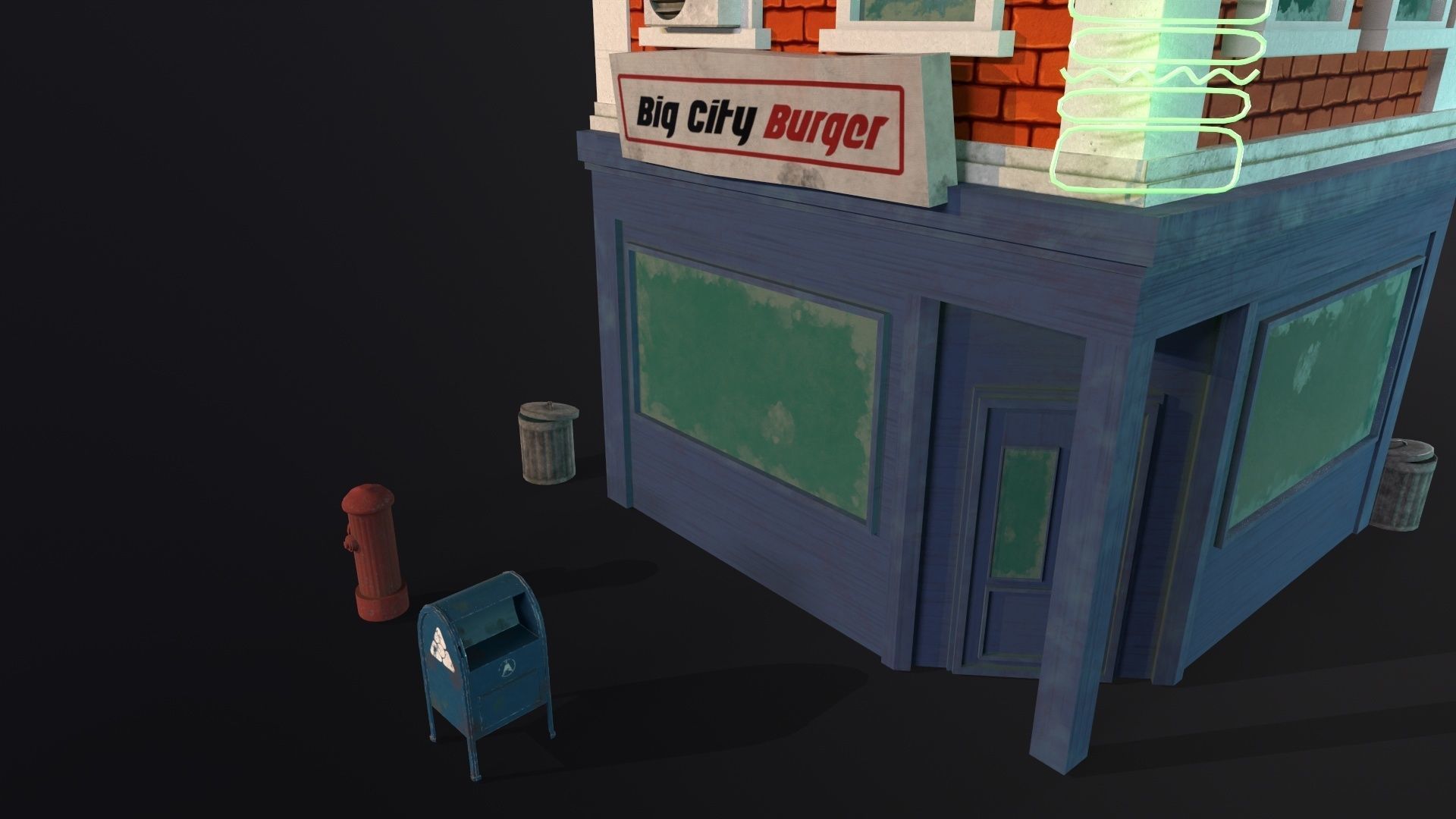 Stylized city burger cafe restaurant house game ready PBR Low-poly 3D model_24