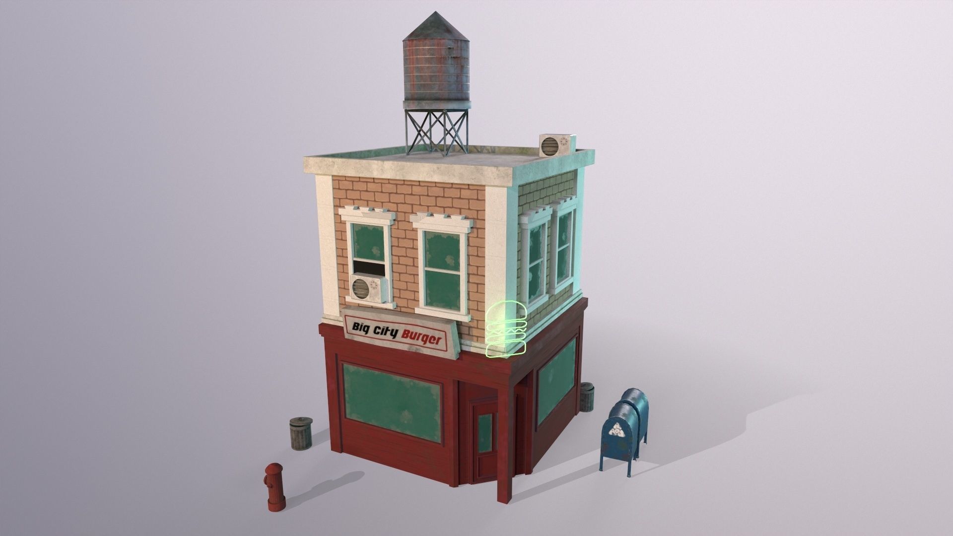 Stylized city burger cafe restaurant house game ready PBR Low-poly 3D model_30