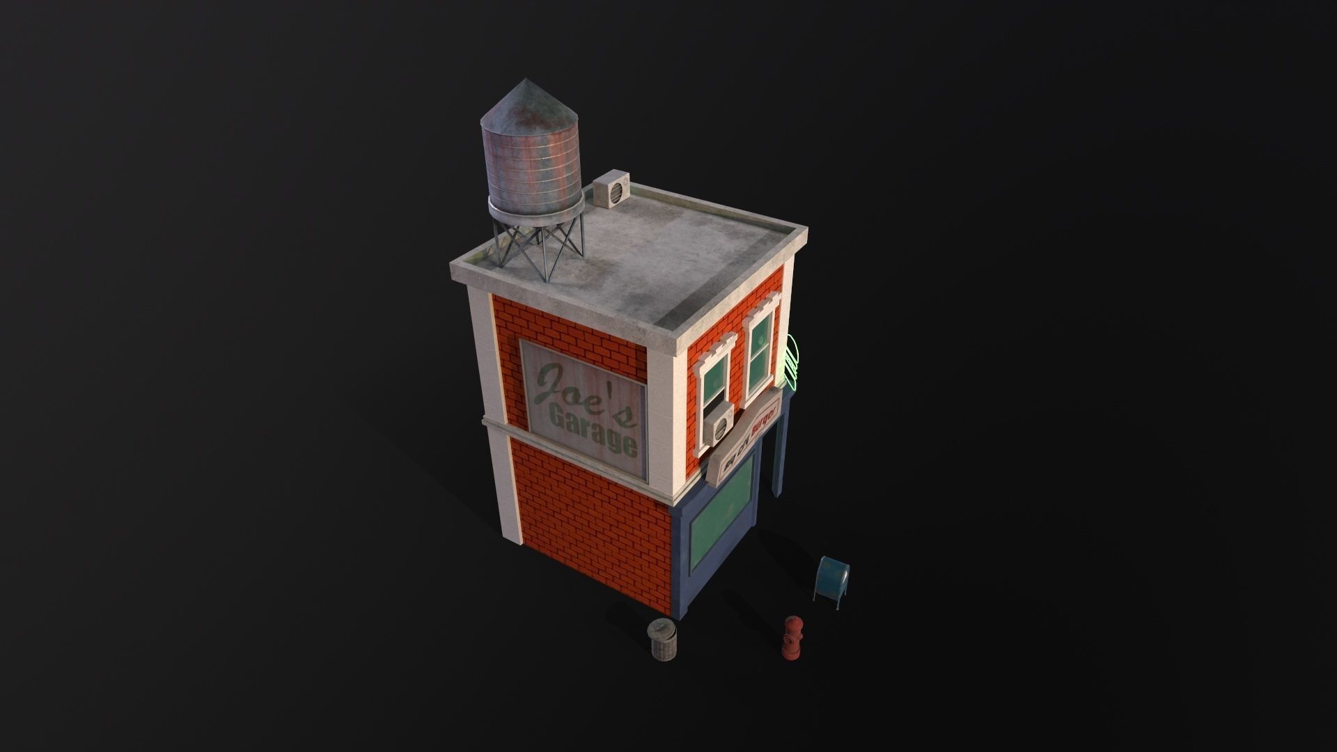 Stylized city burger cafe restaurant house game ready PBR Low-poly 3D model_16