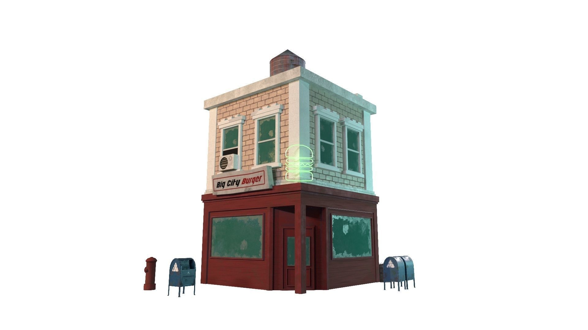 Stylized city burger cafe restaurant house game ready PBR Low-poly 3D model_2