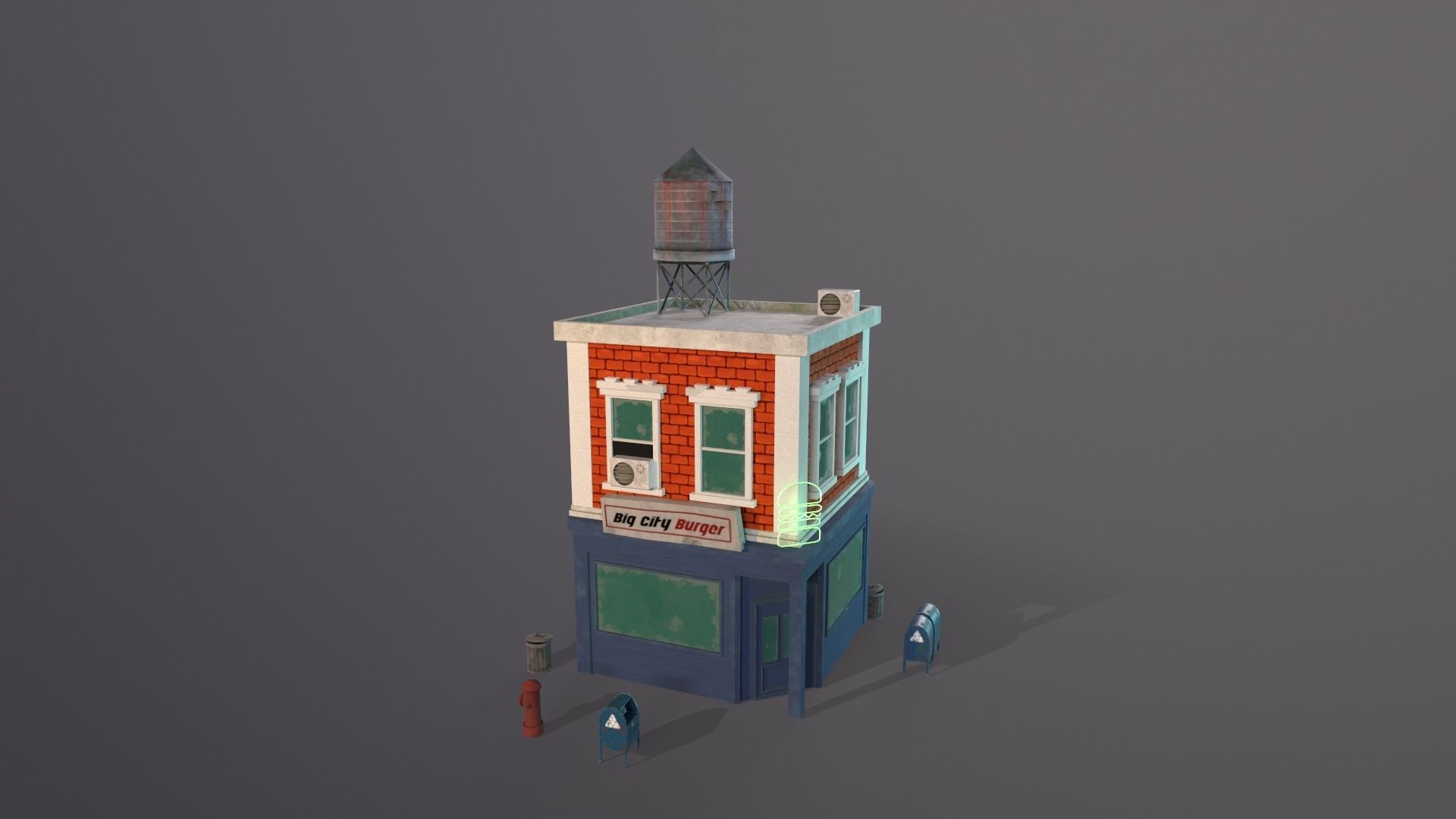 Stylized city burger cafe restaurant house game ready PBR Low-poly 3D model_27