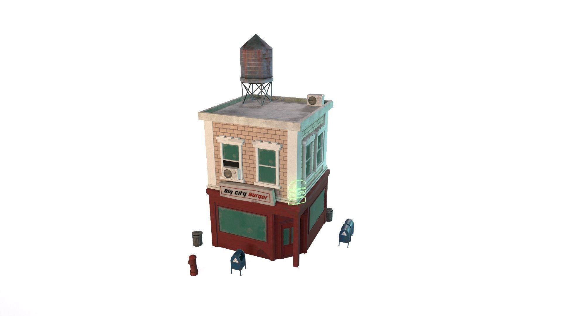 Stylized city burger cafe restaurant house game ready PBR Low-poly 3D model_4
