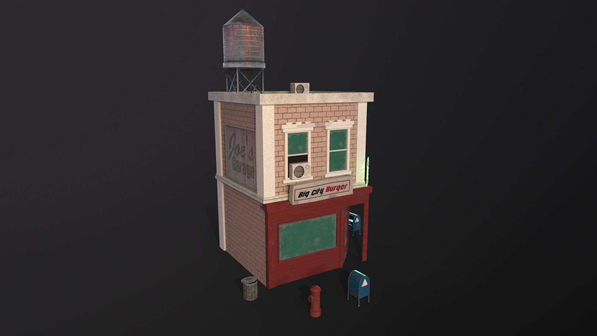 Stylized city burger cafe restaurant house game ready PBR Low-poly 3D model_10