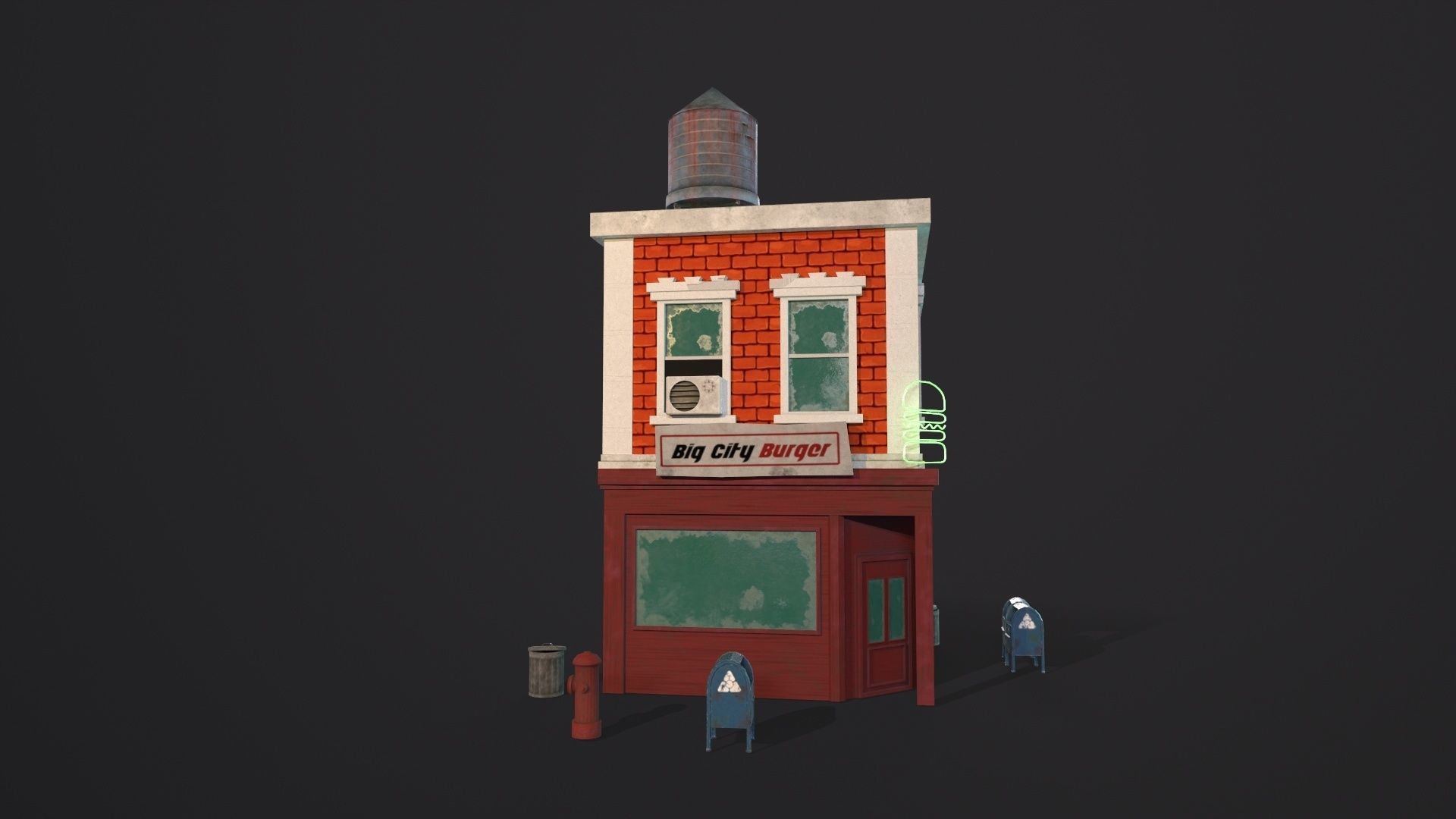 Stylized city burger cafe restaurant house game ready PBR Low-poly 3D model_21