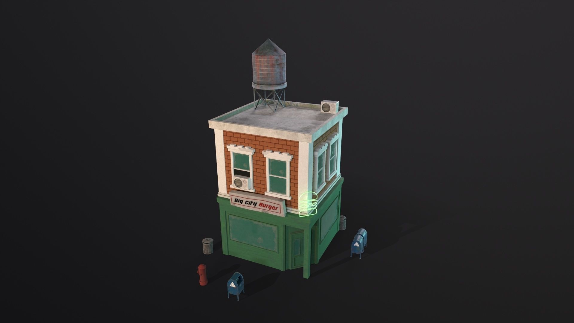 Stylized city burger cafe restaurant house game ready PBR Low-poly 3D model_11