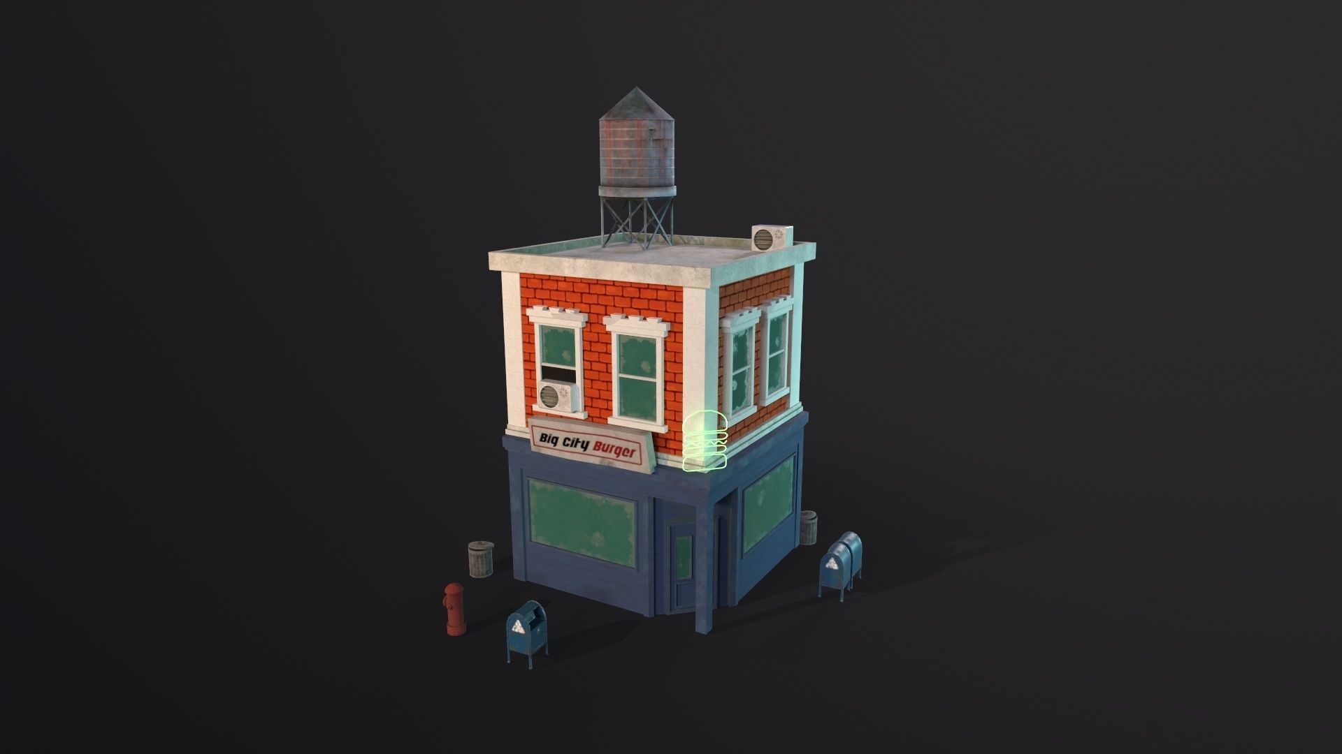 Stylized city burger cafe restaurant house game ready PBR Low-poly 3D model_17