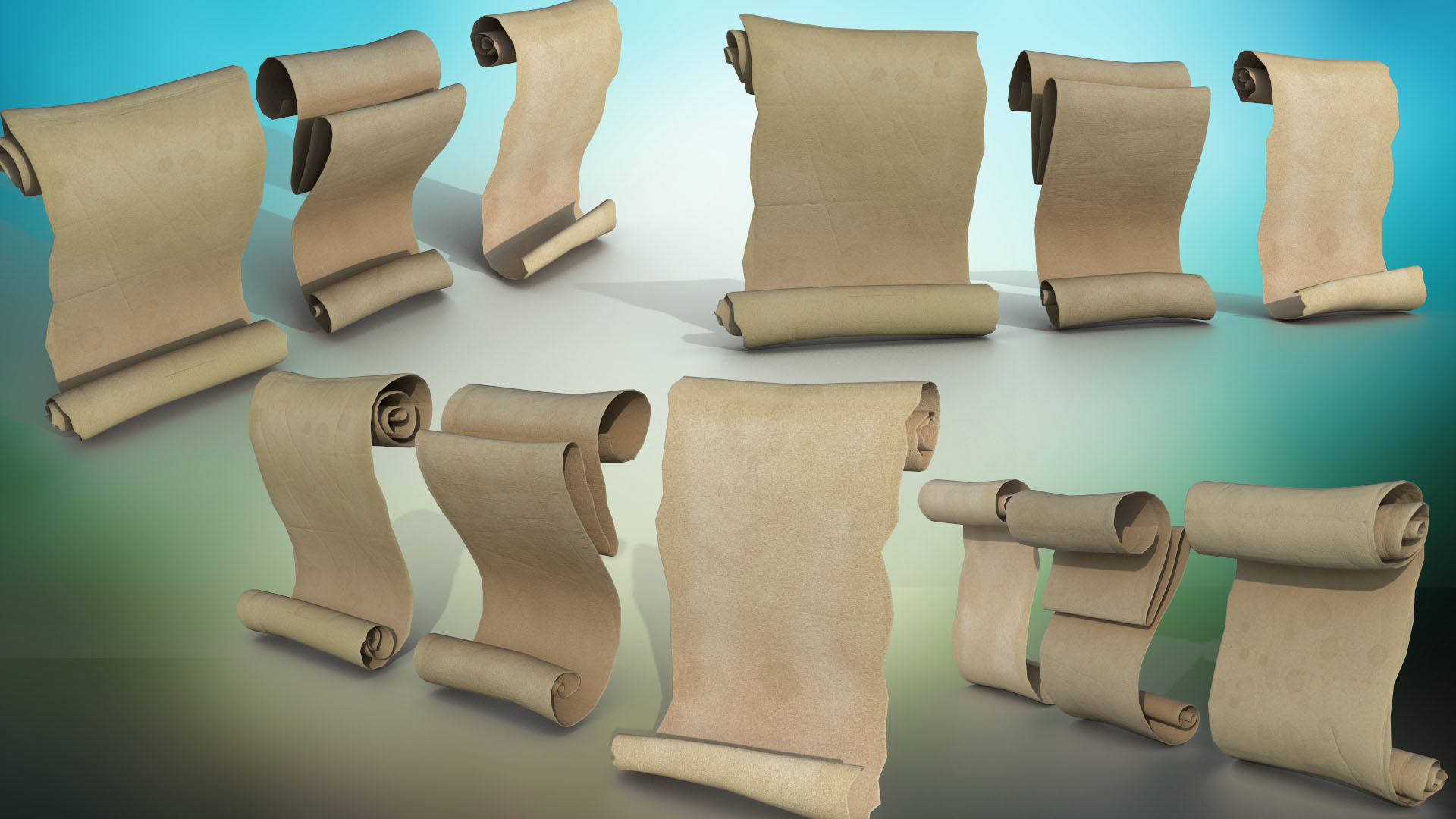 Set of ink bottles with nibs papyrus scrolls PBR low-poly  3D Model Collection_4