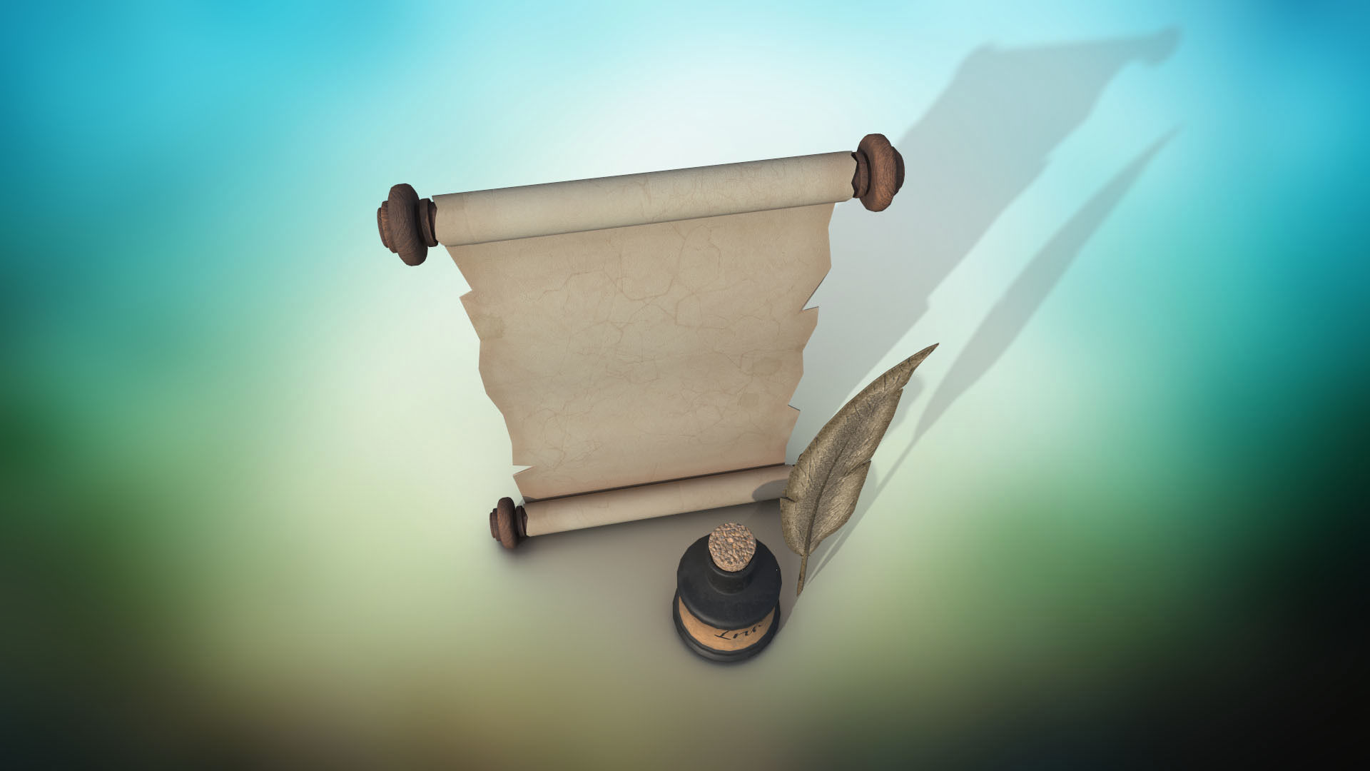 Set of ink bottles with nibs papyrus scrolls PBR low-poly  3D Model Collection_8