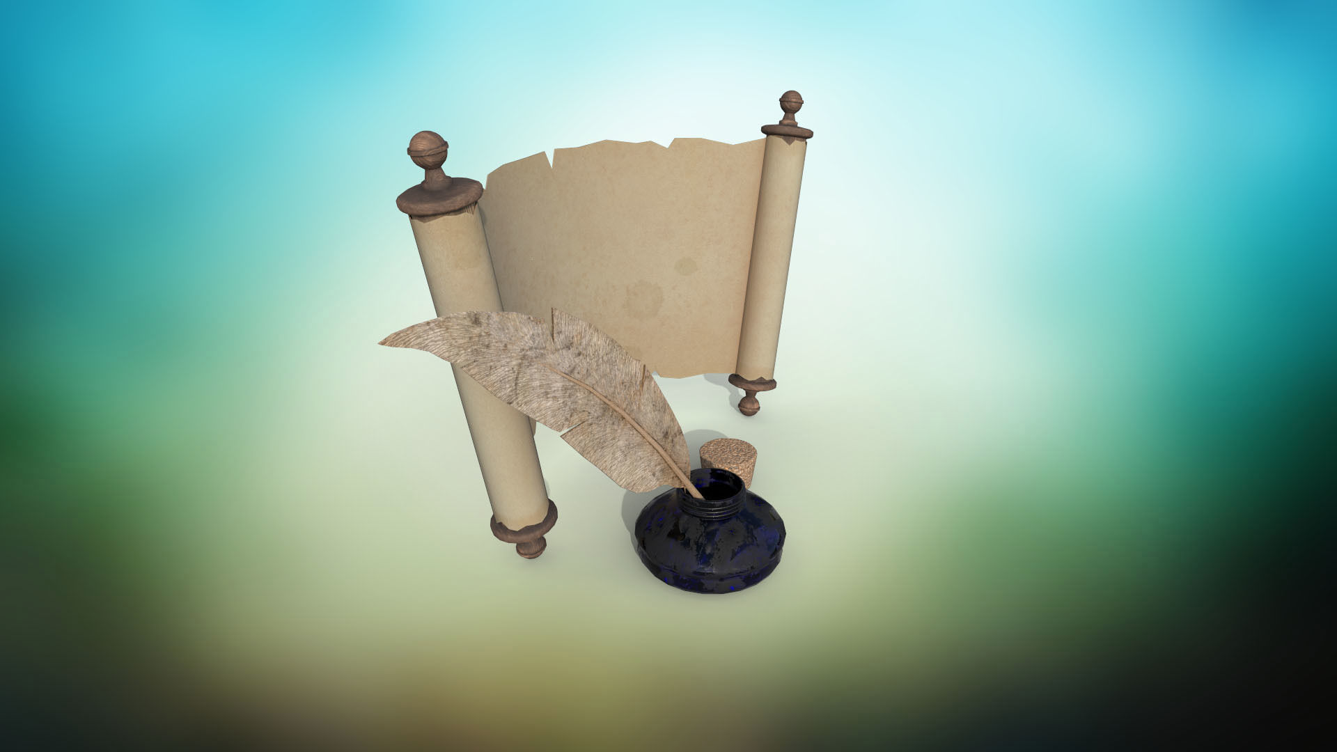 Set of ink bottles with nibs papyrus scrolls PBR low-poly  3D Model Collection_7