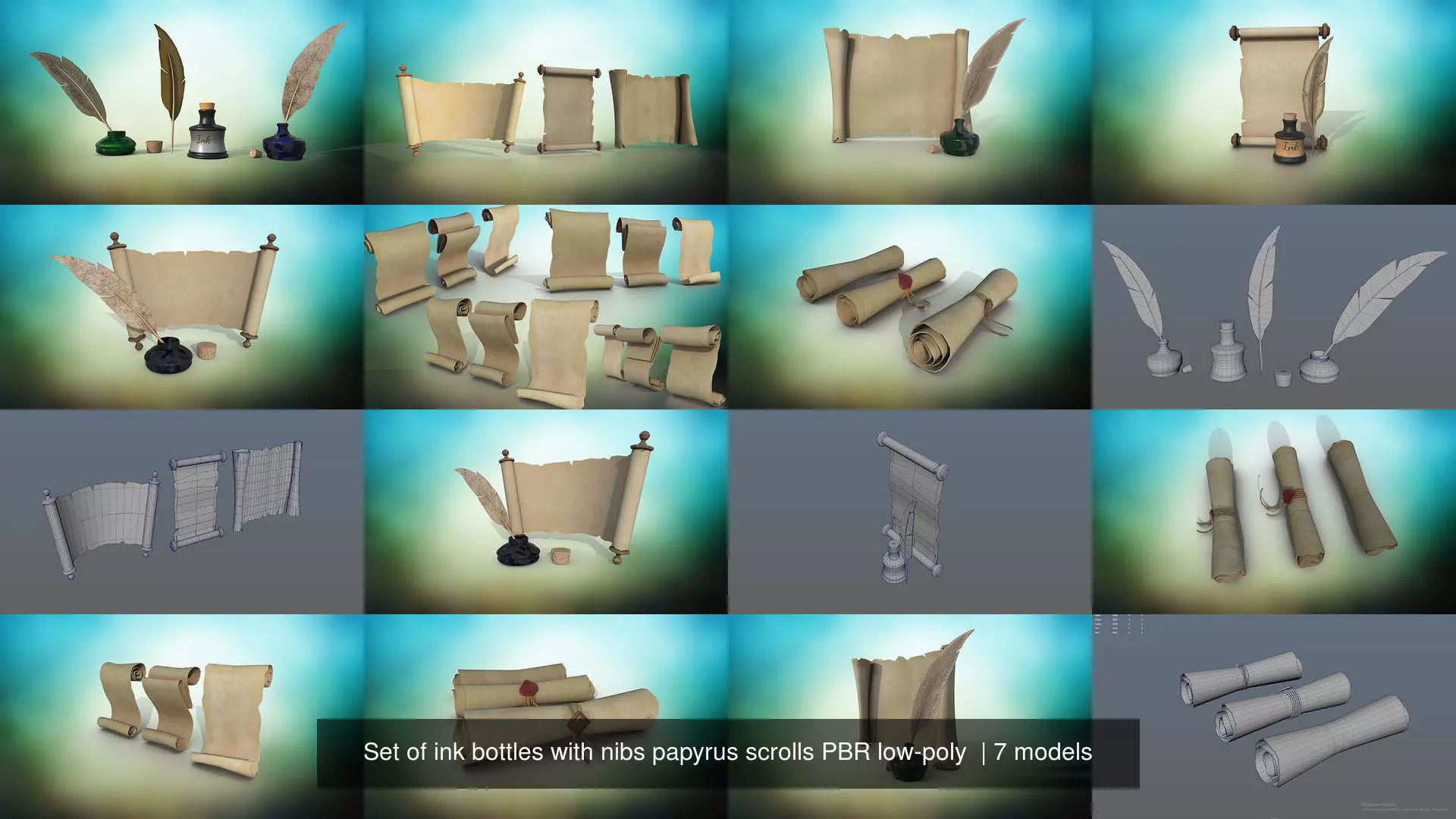 Set of ink bottles with nibs papyrus scrolls PBR low-poly  3D Model Collection_0