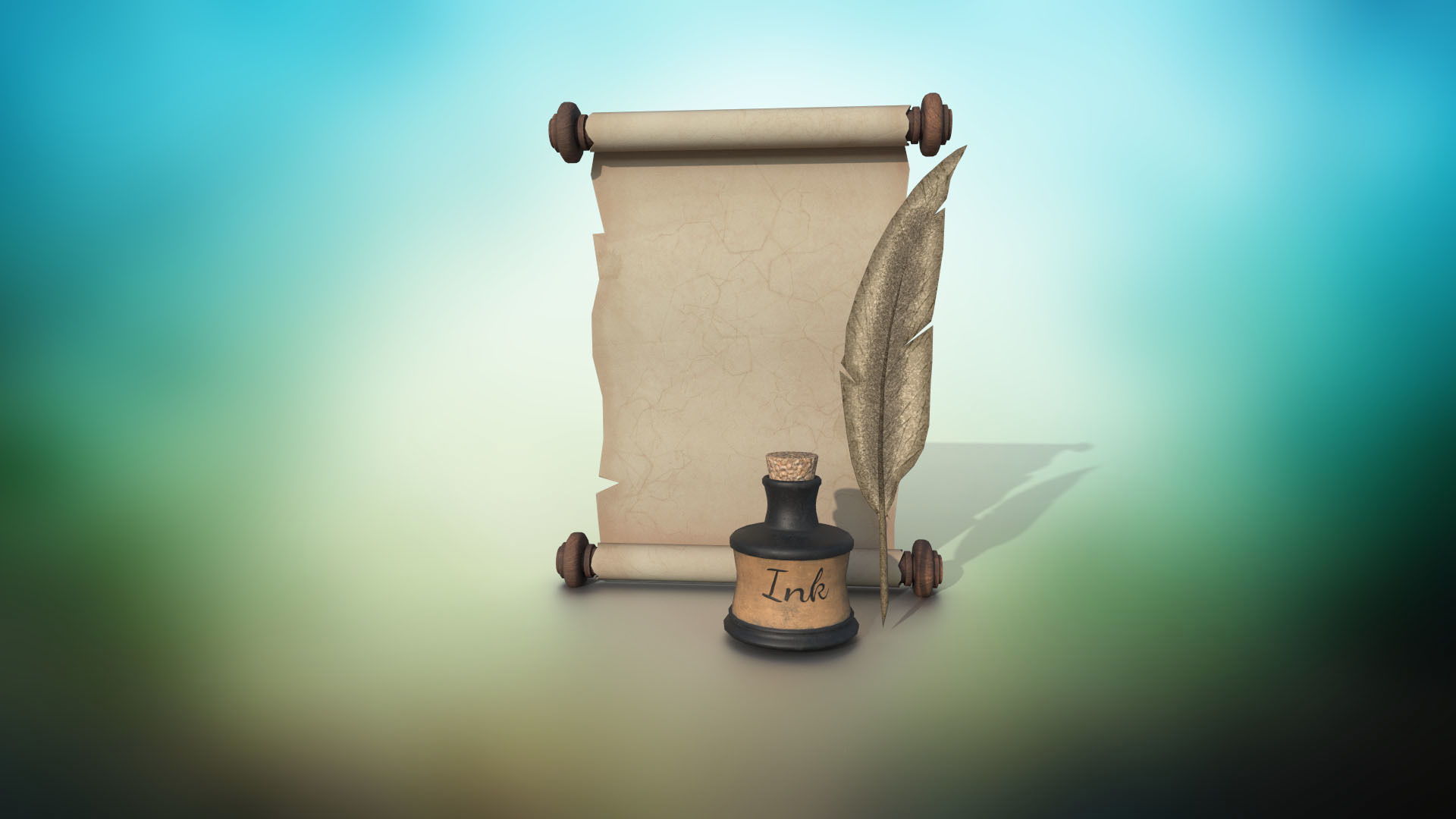 Set of ink bottles with nibs papyrus scrolls PBR low-poly  3D Model Collection_9