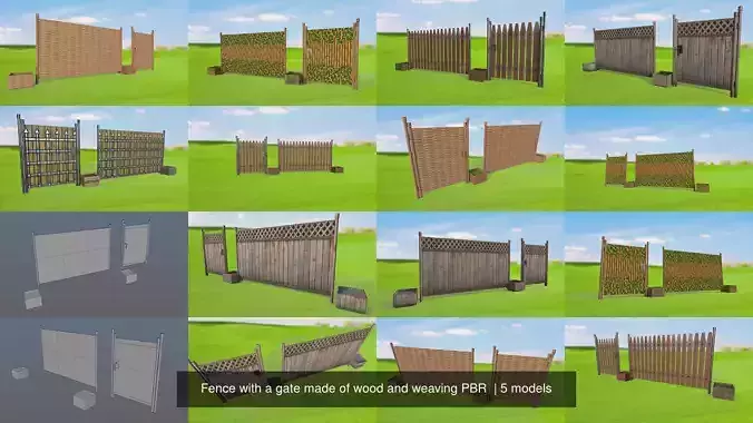 Fence with a gate made of wood and weaving PBR  3D Model Collection