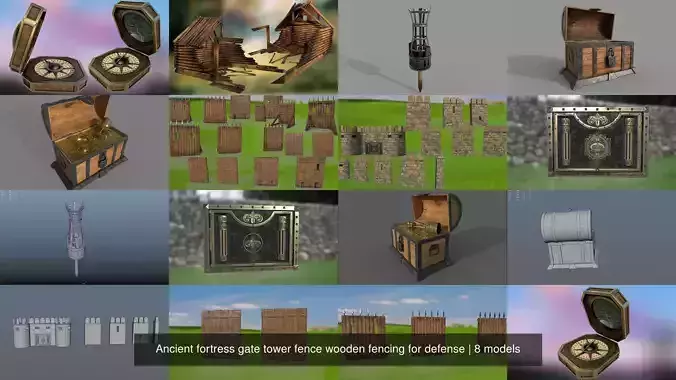 Ancient fortress gate tower fence wooden fencing for defense 3D Model Collection